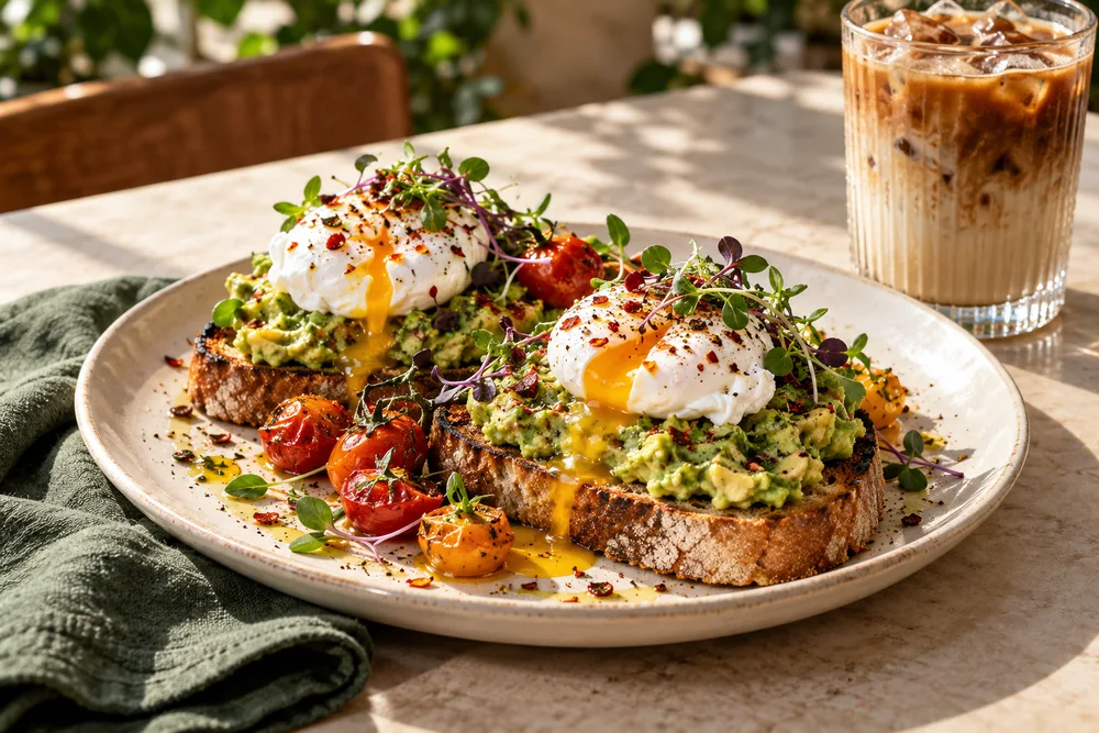 Avocado toast with poached eggs in a fresh sage café design