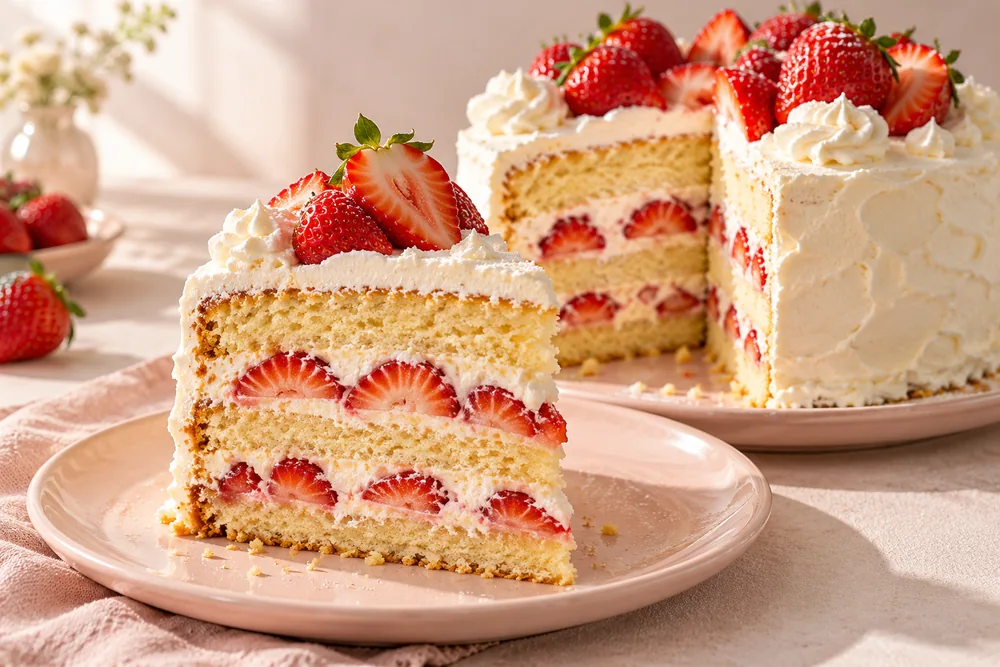Strawberry layer cake in a pale pink and burgundy dessert-shop design