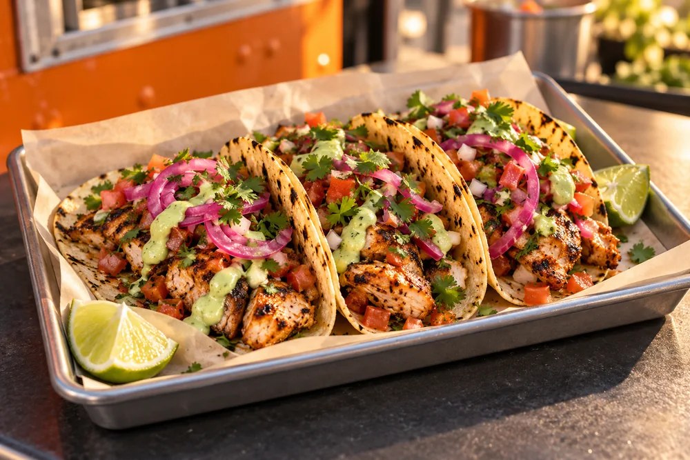 Loaded tacos in a bold red and golden-yellow food truck design